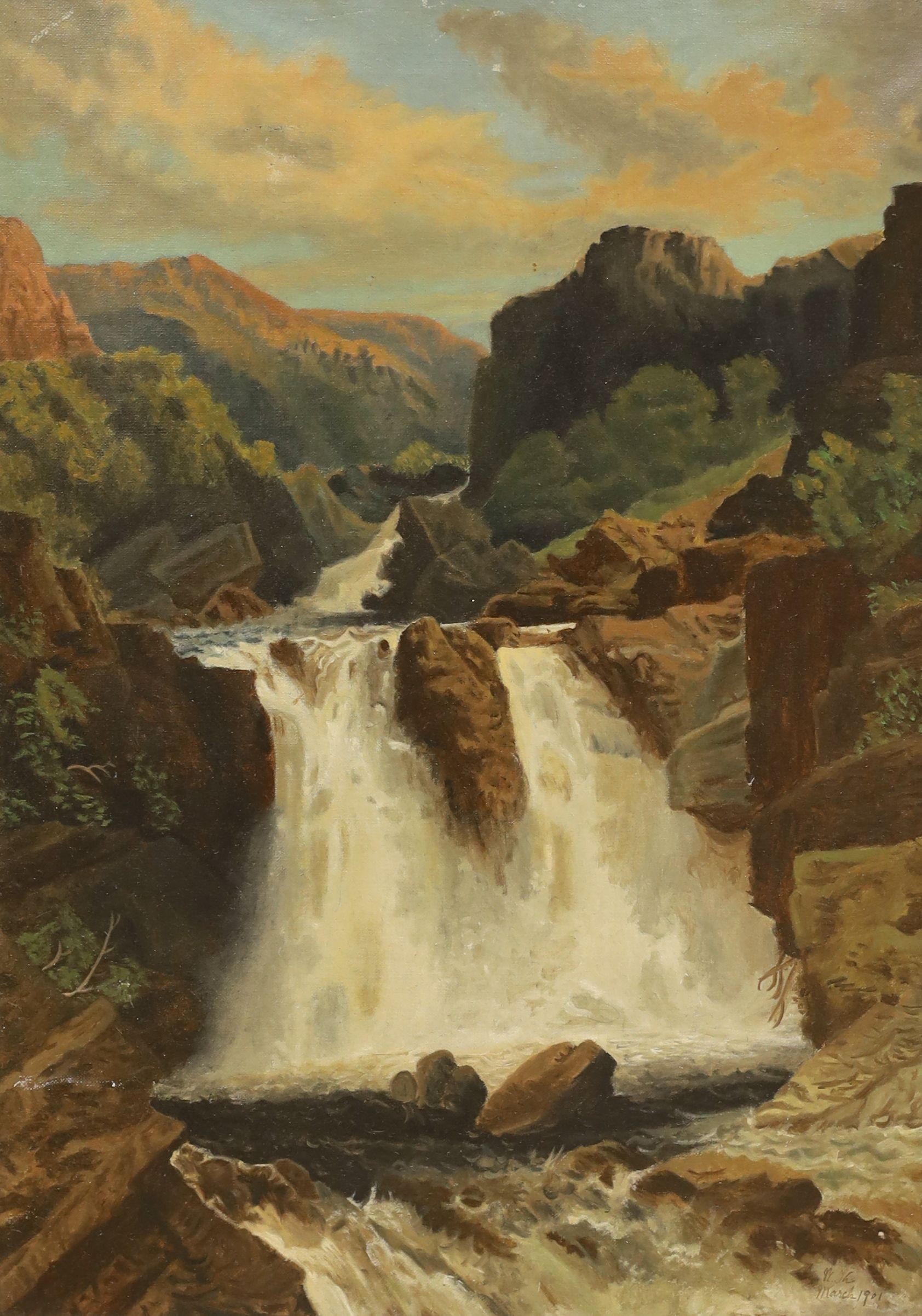 English School c.1900, oil on canvas, Study of a waterfall, initialled M.Th and dated March 1901, 55 x 31cm